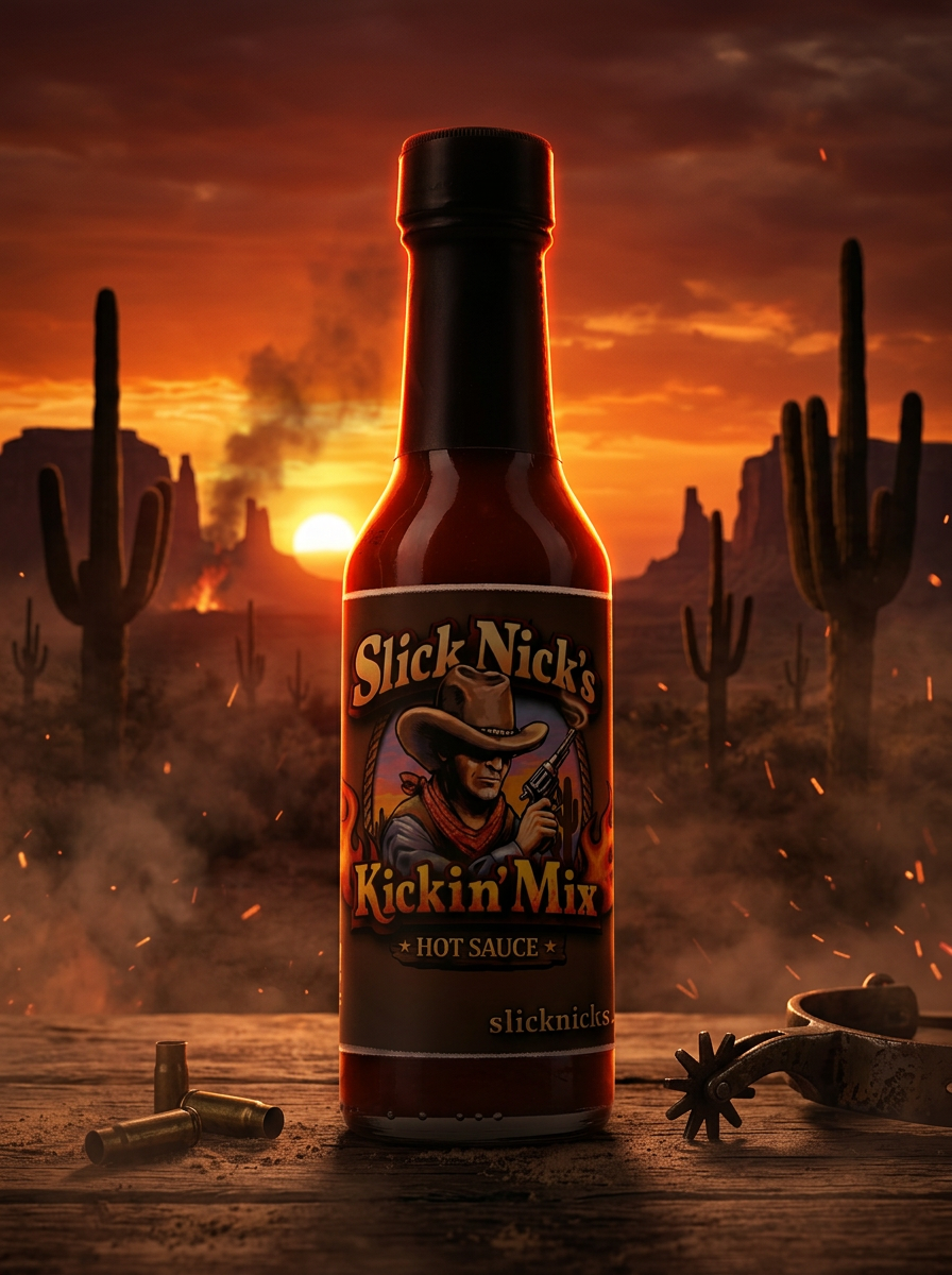 Slick Nick's Kickin' Mix hot sauce bottle in the desert at sunset