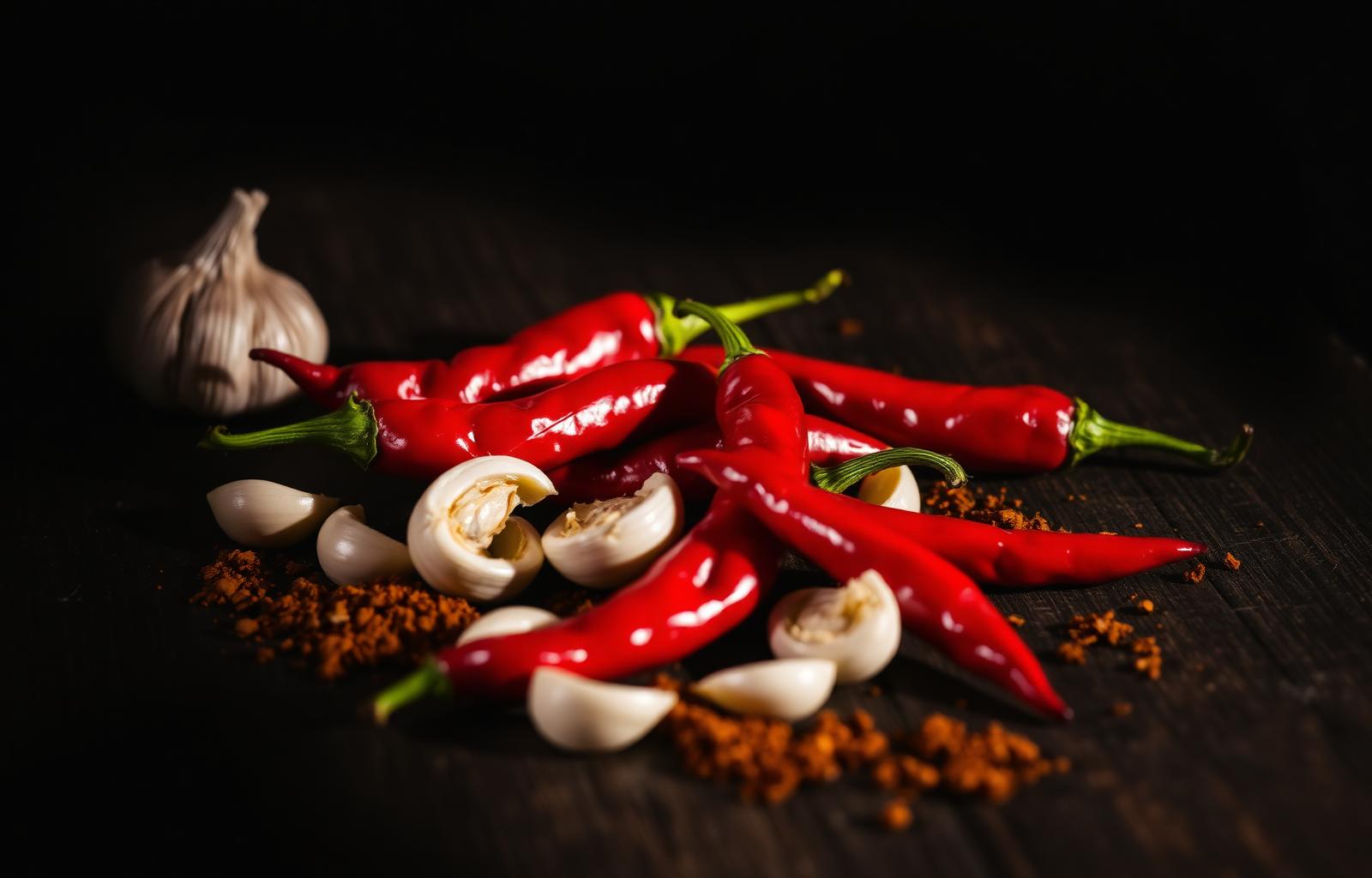 Fresh chilies, garlic, and spices on weathered wood